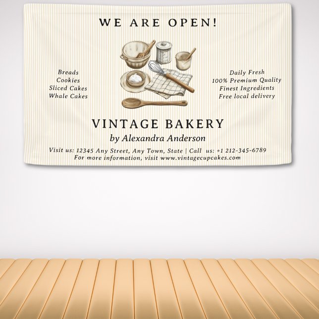 Banderoles Articles de Cuisine Vintages rayés Boulangerie (Striped Vintage Cooking Utensils Bakery Banner)