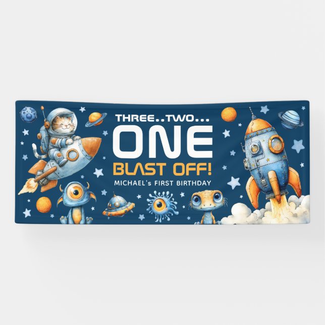 Banderoles Astronaut Cat Outer Space Blast Off 1st Birthday (Horizontal)