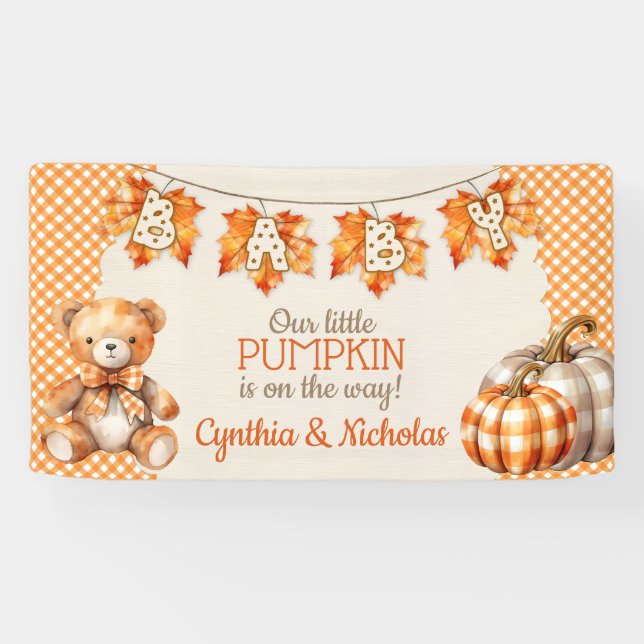 Banderoles Automne Plaid Teddy Bear Citrouille Feuilles (Horizontal)
