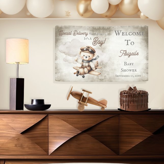 Banderoles Avion Teddy Bear Baby shower de livraison spécial (Cute "Special Delivery Via Airmail . . . It's A Boy!" Teddy Bear | Airplane Baby Shower Banner)