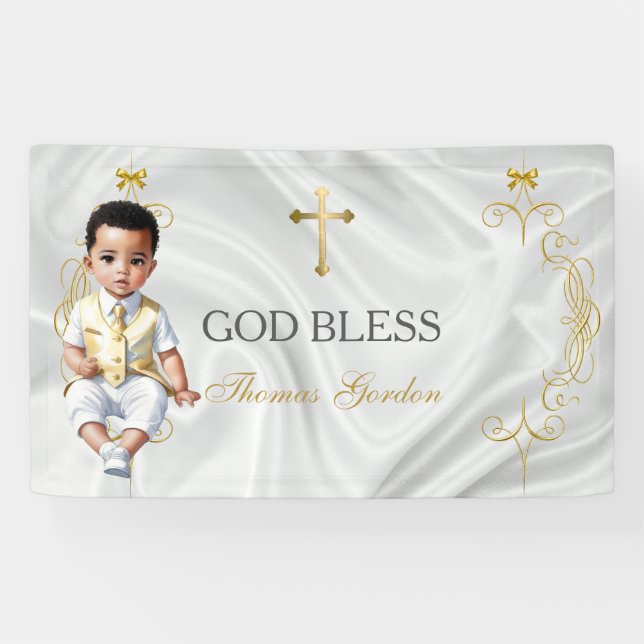 Banderoles Baby Boy Baptism Christening Gold Cross Banner (Horizontal)