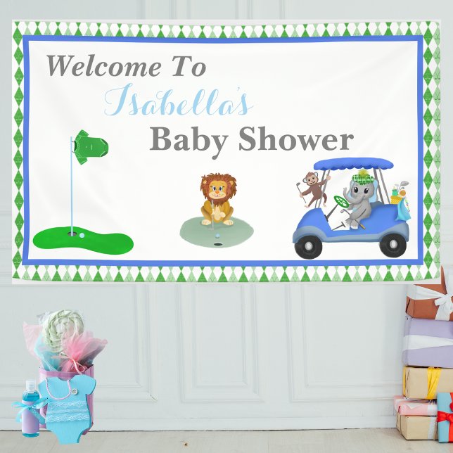 Banderoles Baby Boy Elephant & Monkey Douche (Welcome your guest with this golf-themed banner—a delightful touch for a memorable Baby Shower.)