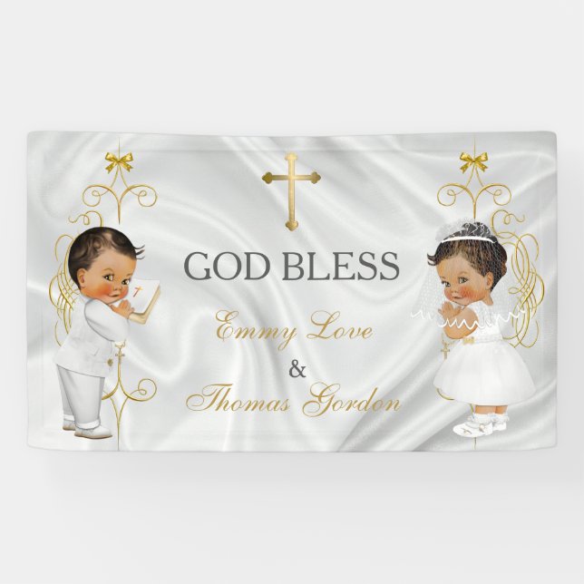 Banderoles Baby Boy & Girl Twins Baptême Christening Gold (Horizontal)