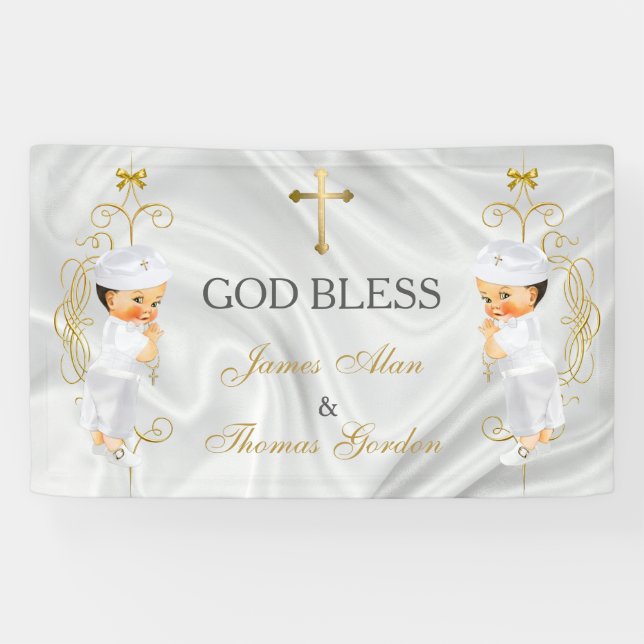 Banderoles Baby Boy Twins Baptême Christening Gold (Horizontal)