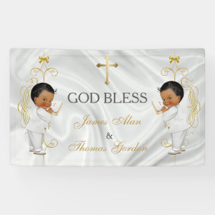 Banderoles Baby Boy Twins Baptême Christening Gold Ethnic