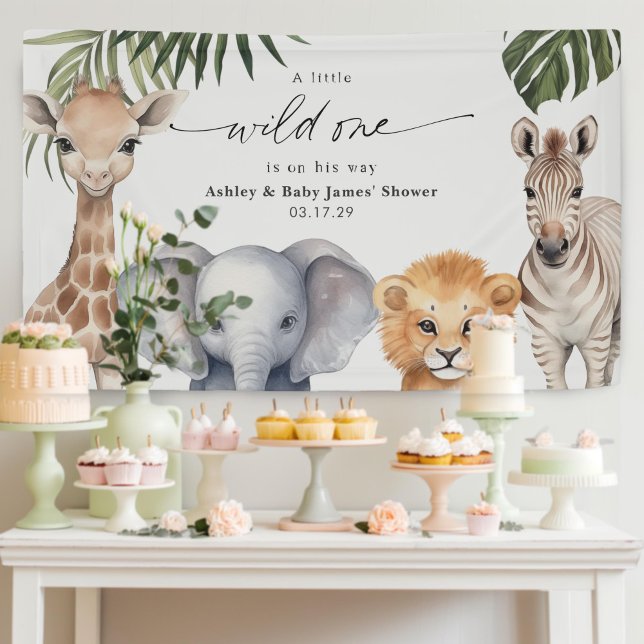 Banderoles Baby Boy Wild One safari Animaux Douche fond (Wild One Safari Animals Baby Boy Shower Party Backdrop decor.)
