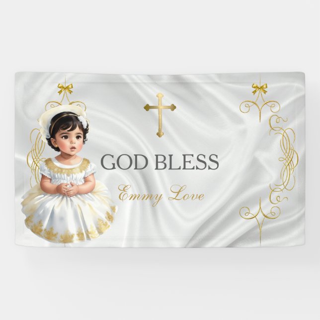 Banderoles Baby Girl Baptism Christening Gold Cross Banner (Horizontal)