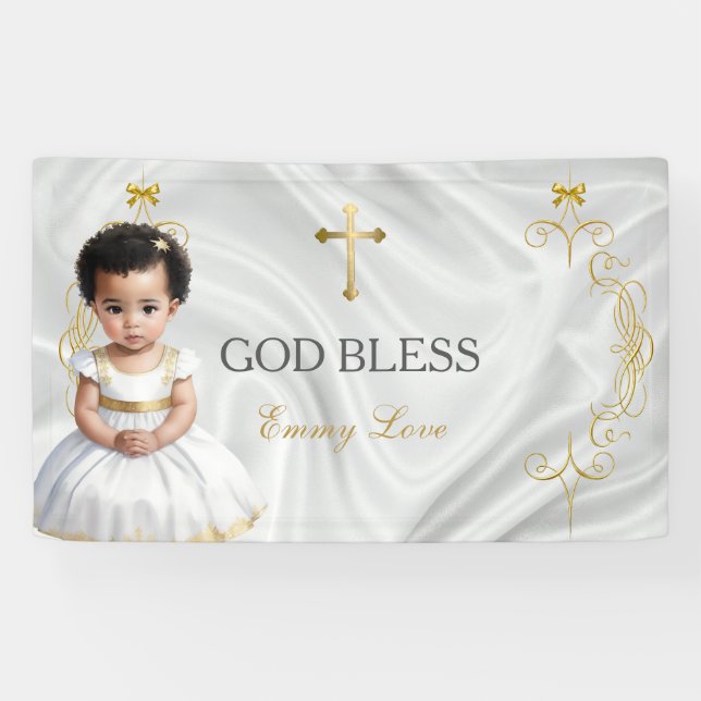 Banderoles Baby Girl Baptism Christening Gold Cross Banner (Horizontal)