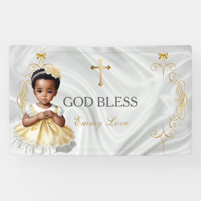 Banderoles Baby Girl Baptism Christening Gold Cross Banner (Horizontal)