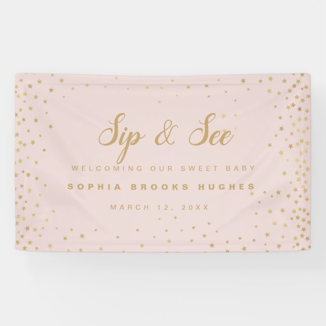 Banderoles Baby Girl Sip N Voir Soft Rose & Gold Stars Bienve (Horizontal)