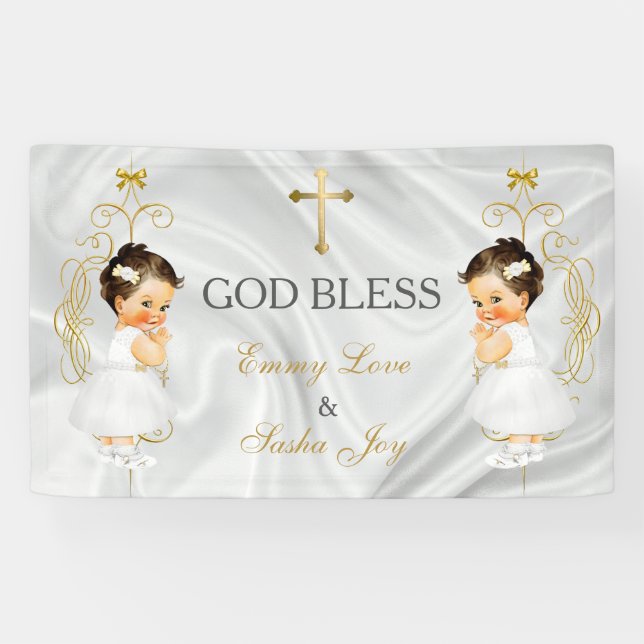 Banderoles Baby Girl Twins Baptême Christening Gold (Horizontal)