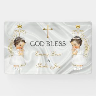 Banderoles Baby Girl Twins Baptême Christening Gold