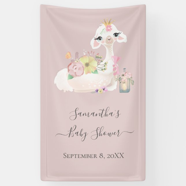 Banderoles Baby Llama Baby shower aux fleurs blanches et rose (Vertical)