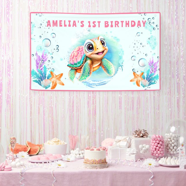 Banderoles Baby Sea Turtle Girl 1er anniversaire fête (sea turtle cute colorful summer birthday party banner for girl's 1st birthday)