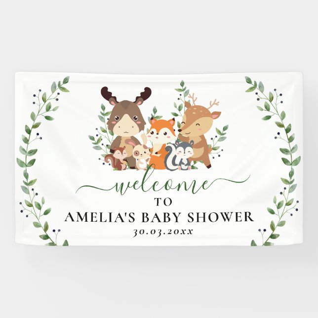 Banderoles Baby Shower Animaux de la Forêt Bois Chic Végétal (Horizontal)