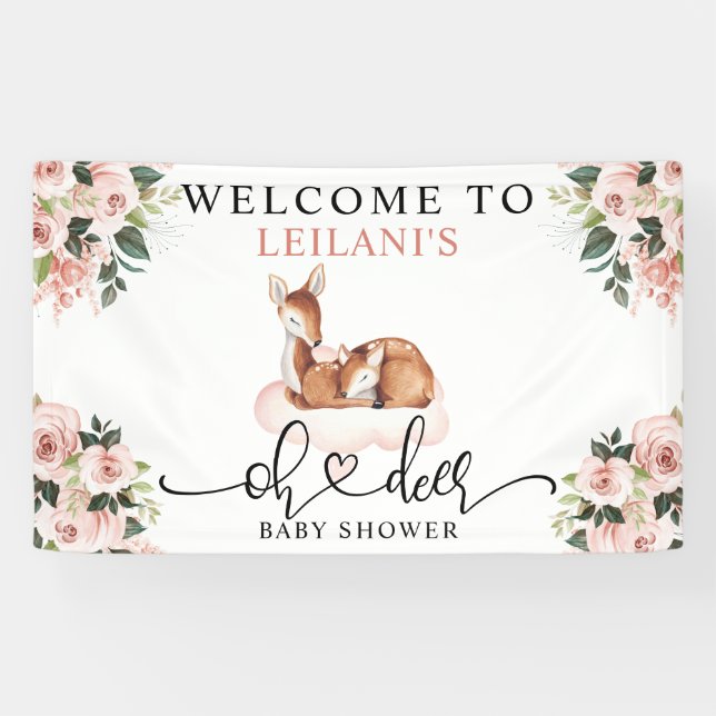 Banderoles Baby shower Aquarelle Oh Cerf Rose Floral Bienvenu (Horizontal)