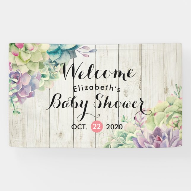 Banderoles Baby shower Aquarelle Succulent Plantes Bois blanc (Horizontal)
