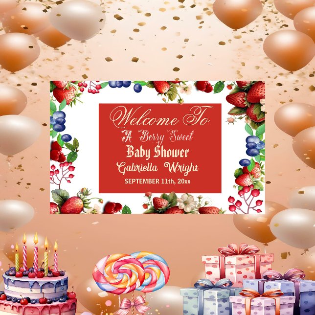 Banderoles Baby shower aux fraises rouges | Blue Berry Sweet  (Red Strawberry Baby Shower |Blue Berry Sweet Cute Banner)