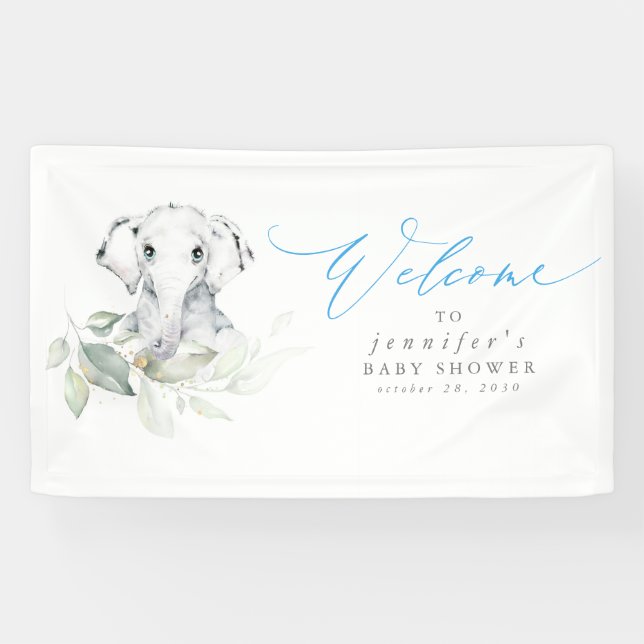 Banderoles Baby shower Baby Elephant Blue Sage Bienvenue (Horizontal)