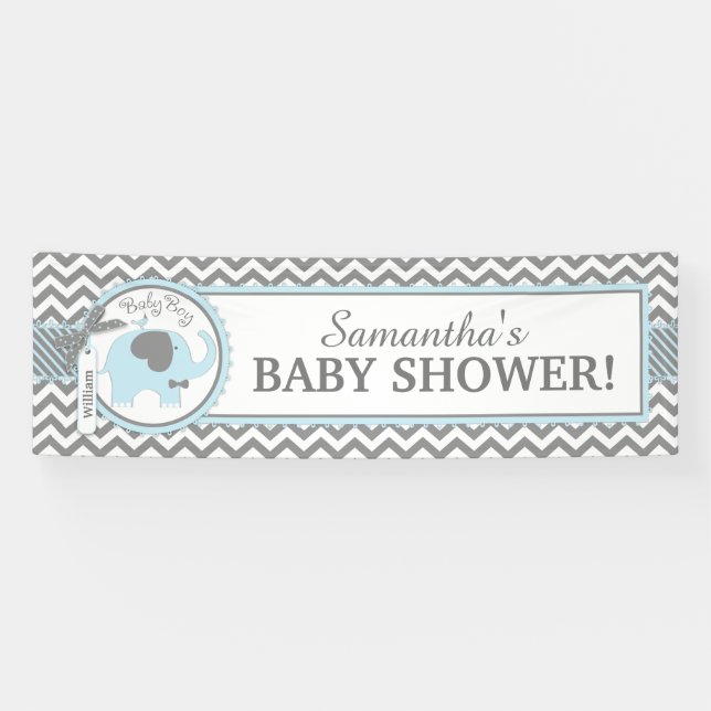 Banderoles Baby shower bleu de Chevron de garçon d'éléphant (Horizontal)