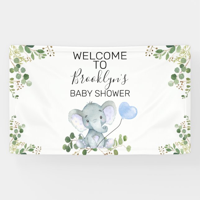 Banderoles Baby shower Blue Balloon Elephant Foliing Bienvenu (Horizontal)