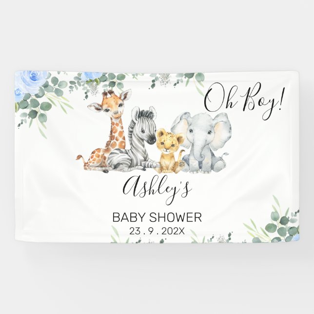 Banderoles Baby shower Blue Floral Eucalyptus Safari (Horizontal)