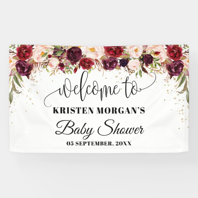 Banderoles Baby shower bohème marsala bordeaux floral or (Horizontal)