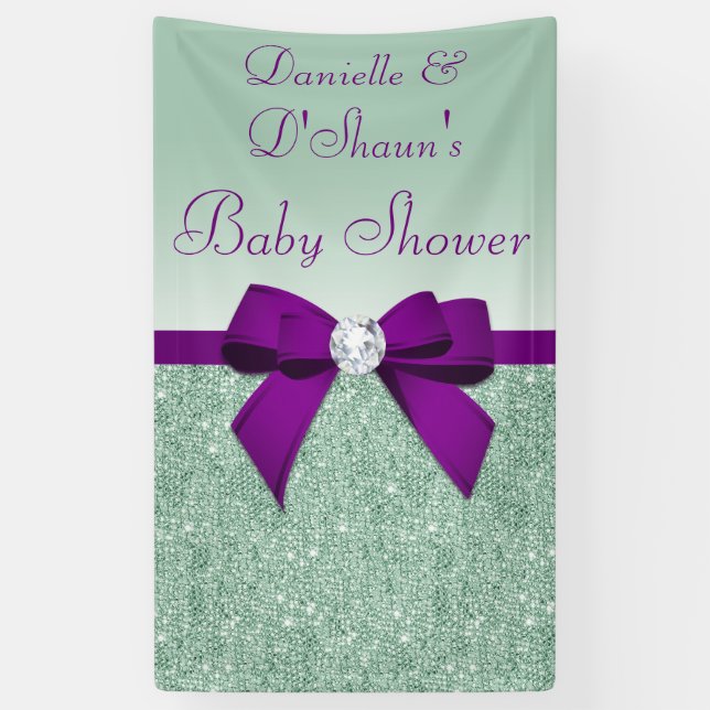 Banderoles Baby shower Chic Faux Mint Sequins Purple Bow (Vertical)