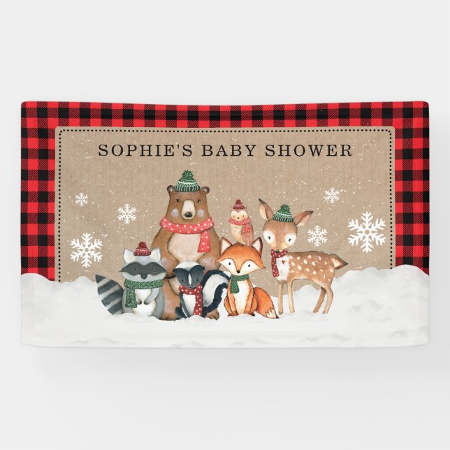 Banderoles Baby shower d'accueil des animaux des bois d'hiver (Horizontal)