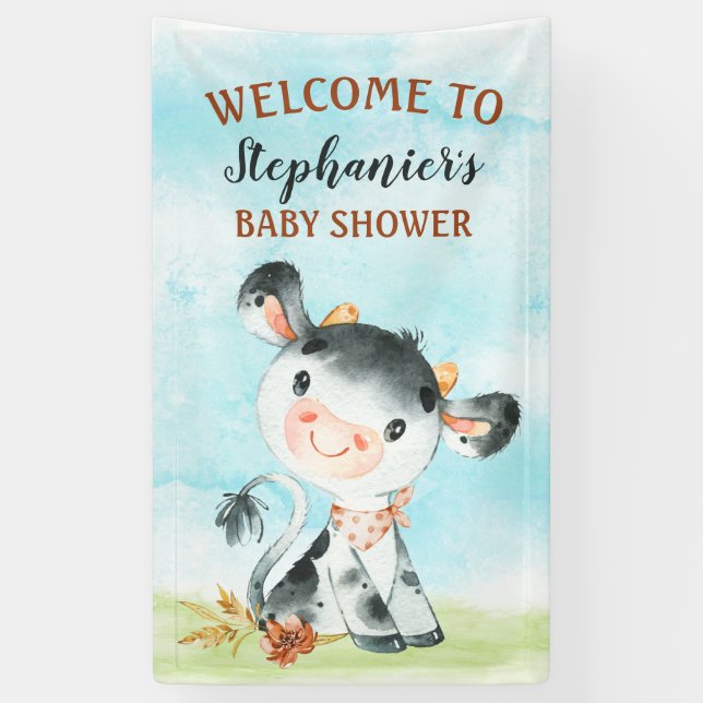 Banderoles Baby shower de ferme Baby shower de vache aquarell (Vertical)