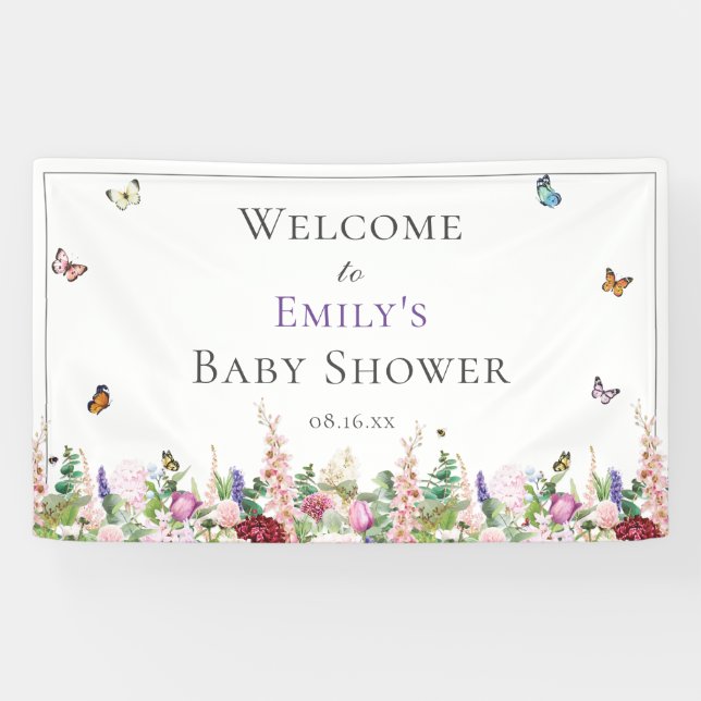 Banderoles Baby shower de fleurs et papillons rose violet (Horizontal)
