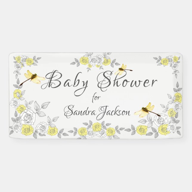 Banderoles Baby shower de libellules Roses jaunes et gris Ban (Horizontal)