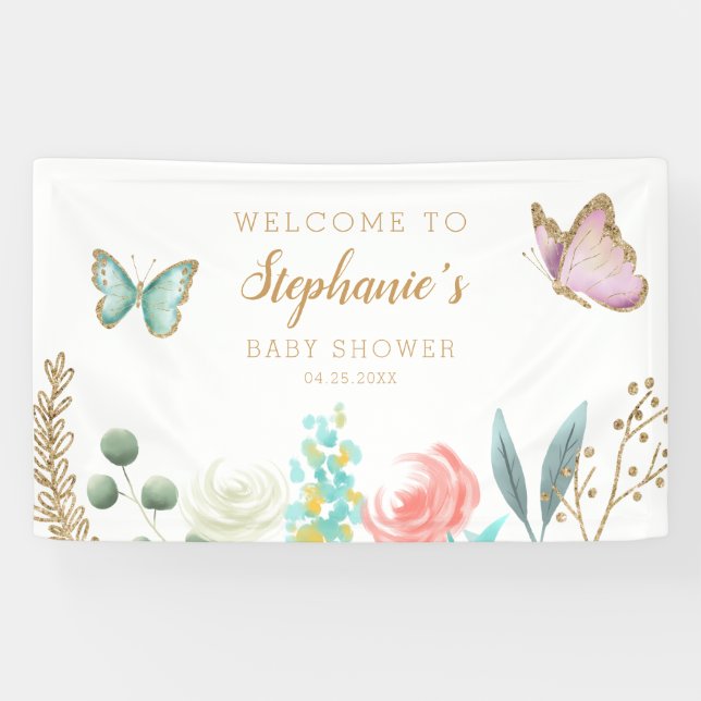 Banderoles Baby shower de papillons Whimsical Pink and Gold (Horizontal)