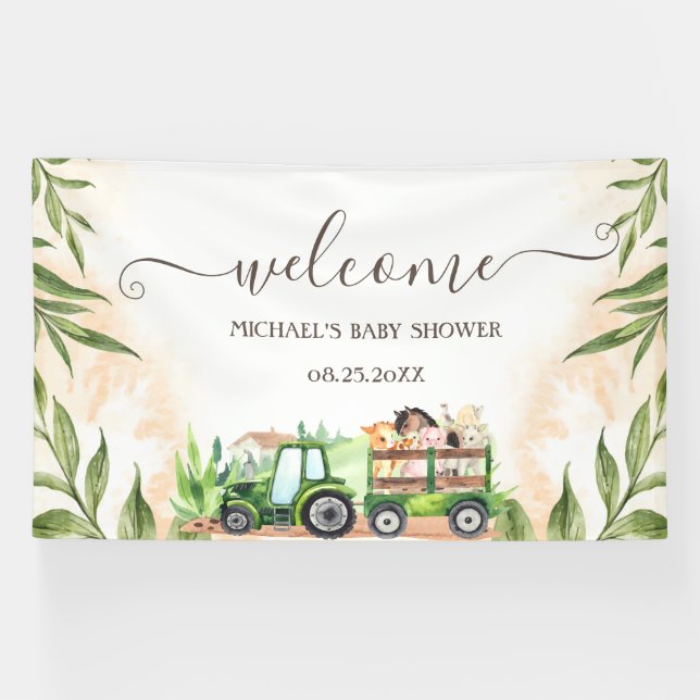 Banderoles Baby shower de tracteur pour animaux de ferme aqua (Horizontal)