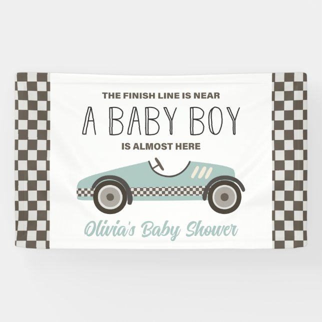 Banderoles baby shower de voiture de course bleu (Horizontal)