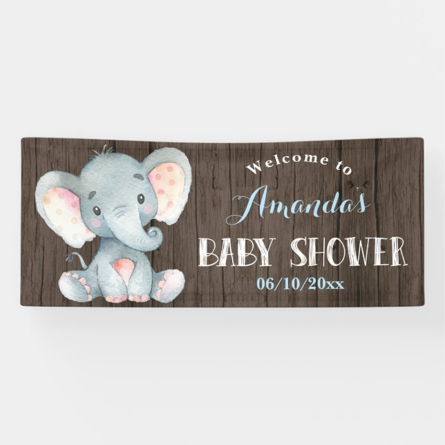 Banderoles Baby shower d'éléphant de garçon rustique bleu et  (Horizontal)