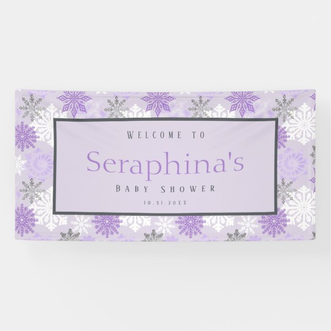 Banderoles Baby shower d'hiver des flocons d'argent violet (Horizontal)