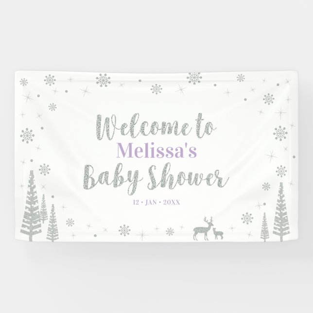 Banderoles Baby shower d'hiver Silver & Purple Bienvenue (Horizontal)