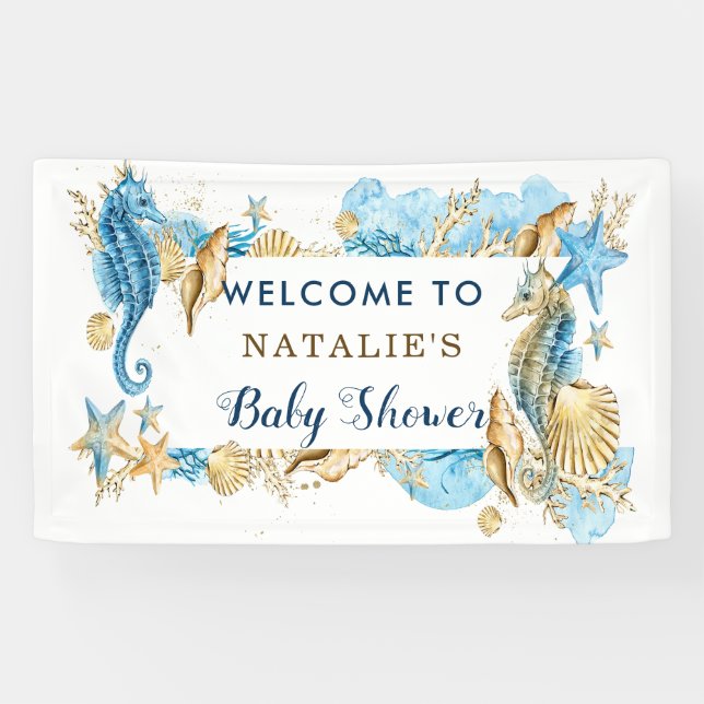 Banderoles Baby shower d'or bleu mer et plage (Horizontal)