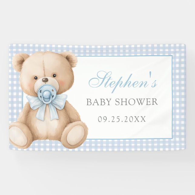 Banderoles Baby shower d'ours en En vichy bleu (Horizontal)