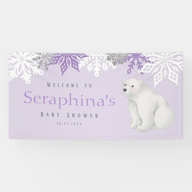 Banderoles Baby shower d'ours polaire violet d'hiver (Horizontal)