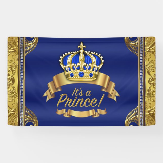 Banderoles Baby Shower du Prince Couronne d'Or Bleu Royal (Horizontal)