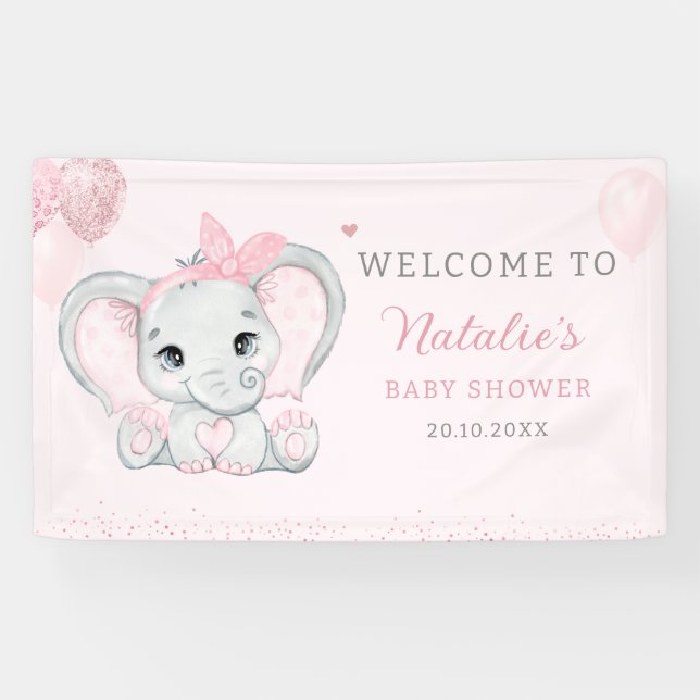 Banderoles Baby shower Eléphant Fille Rose Cute Aquarelle (Horizontal)