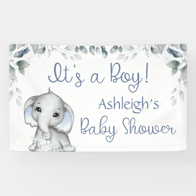 Banderoles Baby shower Elephant ITS UN GARÇON Botanique Bleu (Horizontal)