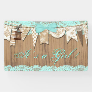 Banderoles Baby Shower Fille Bois Rustique Bleu Canard Dentel