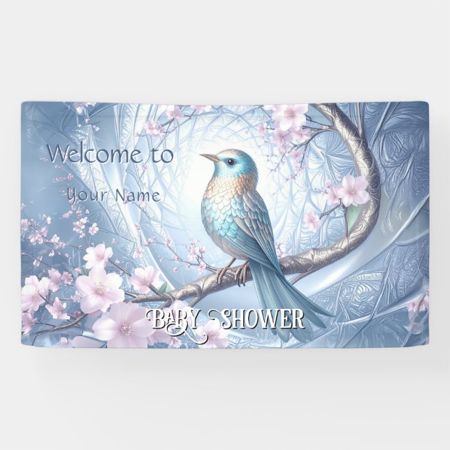Banderoles Baby Shower Fleurs Oiseau Bleu (Horizontal)
