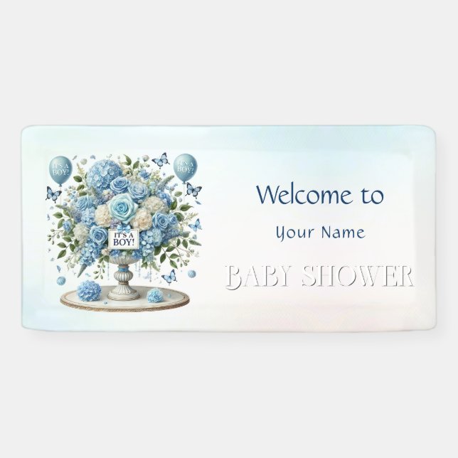 Banderoles Baby shower Floral Blanc Bleu (Horizontal)