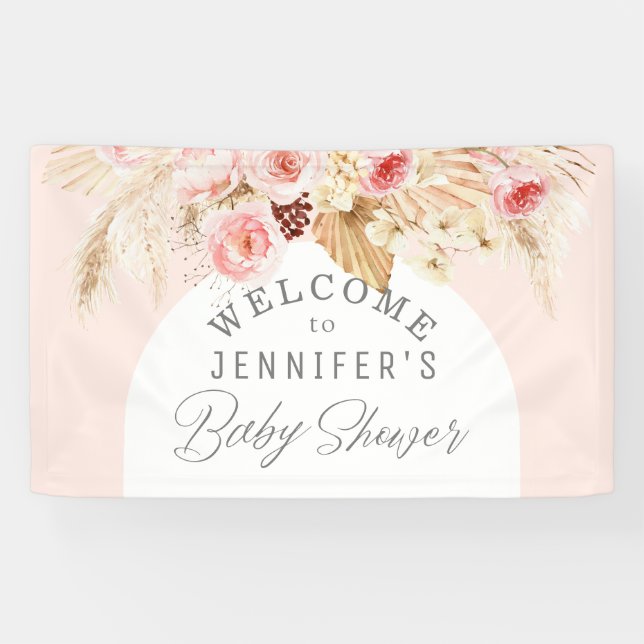 Banderoles Baby shower floral Boho Arch rose vif (Horizontal)
