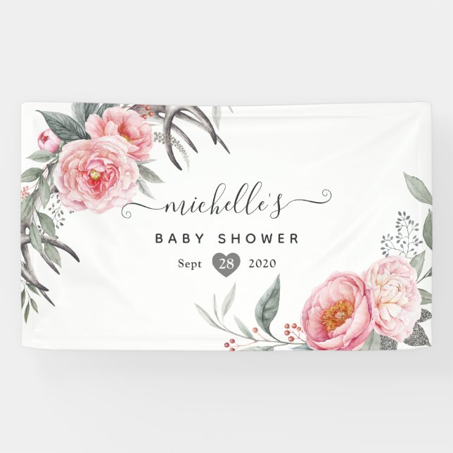 Banderoles Baby shower floral Pastel Pink et Grey Boho (Horizontal)