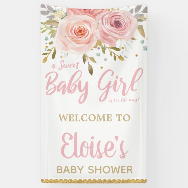 Banderoles Baby shower floral rose pâle en toile de fond Bien (Vertical)